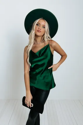 All The Glamour Satin Top In Hunter Green