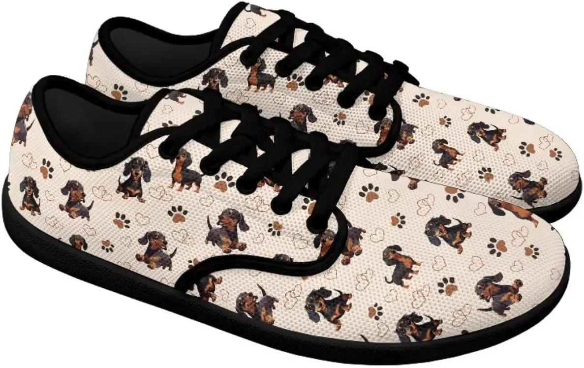 Doggy Print Women's Barefoot Shoes Comfort Lace Up Walking Sneakers Breathable Flat Low Tops Work Office