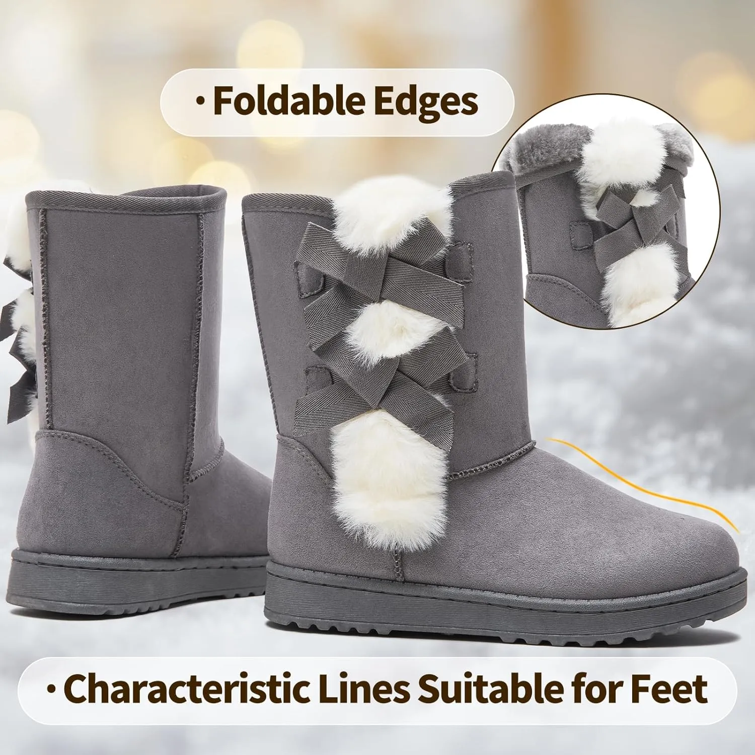 Eydram Women Winter Boots Fur Lined Fashion Mid Calf Boots for Women Warm Fuzzy Boots Comfortable Black Womens Snow Boots with Bowknot