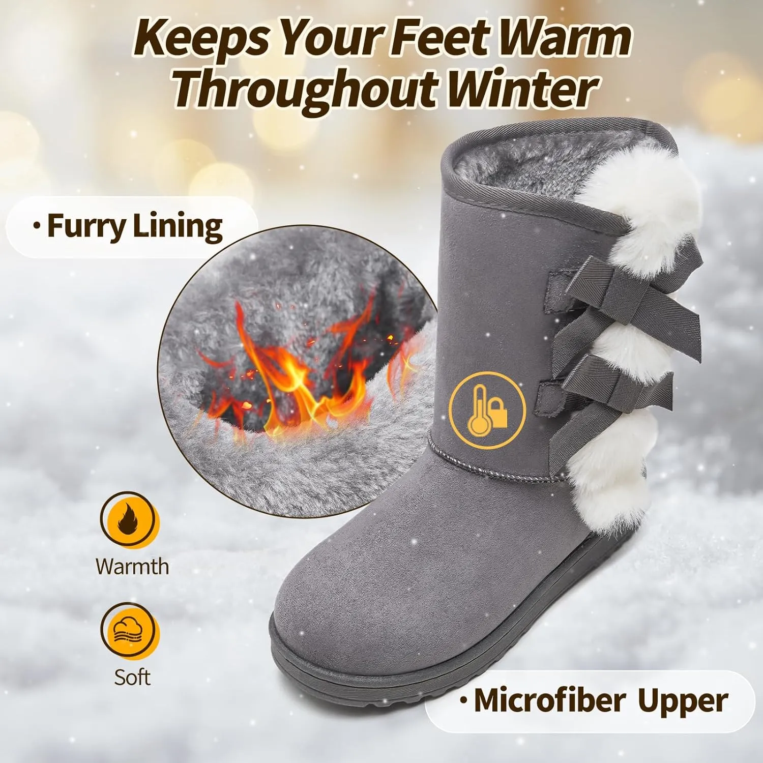 Eydram Women Winter Boots Fur Lined Fashion Mid Calf Boots for Women Warm Fuzzy Boots Comfortable Black Womens Snow Boots with Bowknot