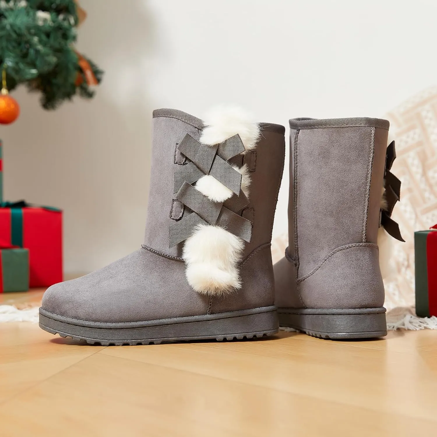Eydram Women Winter Boots Fur Lined Fashion Mid Calf Boots for Women Warm Fuzzy Boots Comfortable Black Womens Snow Boots with Bowknot