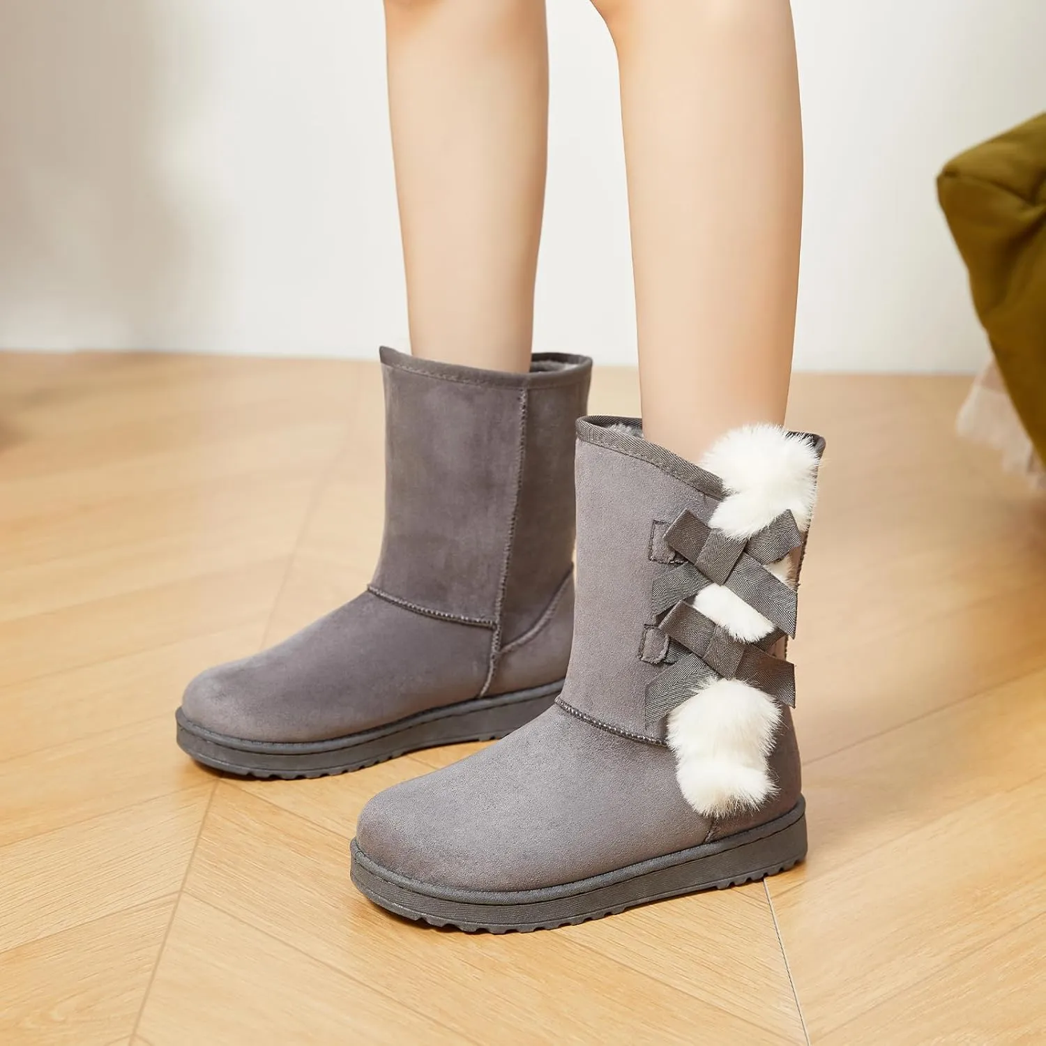 Eydram Women Winter Boots Fur Lined Fashion Mid Calf Boots for Women Warm Fuzzy Boots Comfortable Black Womens Snow Boots with Bowknot