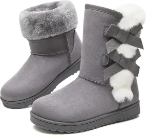 Eydram Women Winter Boots Fur Lined Fashion Mid Calf Boots for Women Warm Fuzzy Boots Comfortable Black Womens Snow Boots with Bowknot
