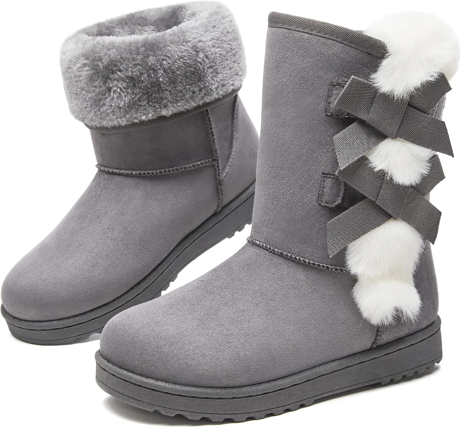 Eydram Women Winter Boots Fur Lined Fashion Mid Calf Boots for Women Warm Fuzzy Boots Comfortable Black Womens Snow Boots with Bowknot