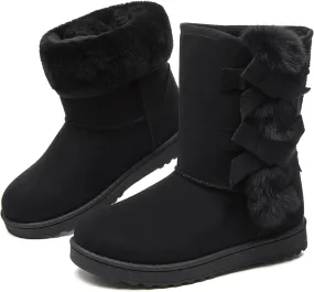 Eydram Women Winter Boots Fur Lined Fashion Mid Calf Boots for Women Warm Fuzzy Boots Comfortable Black Womens Snow Boots with Bowknot