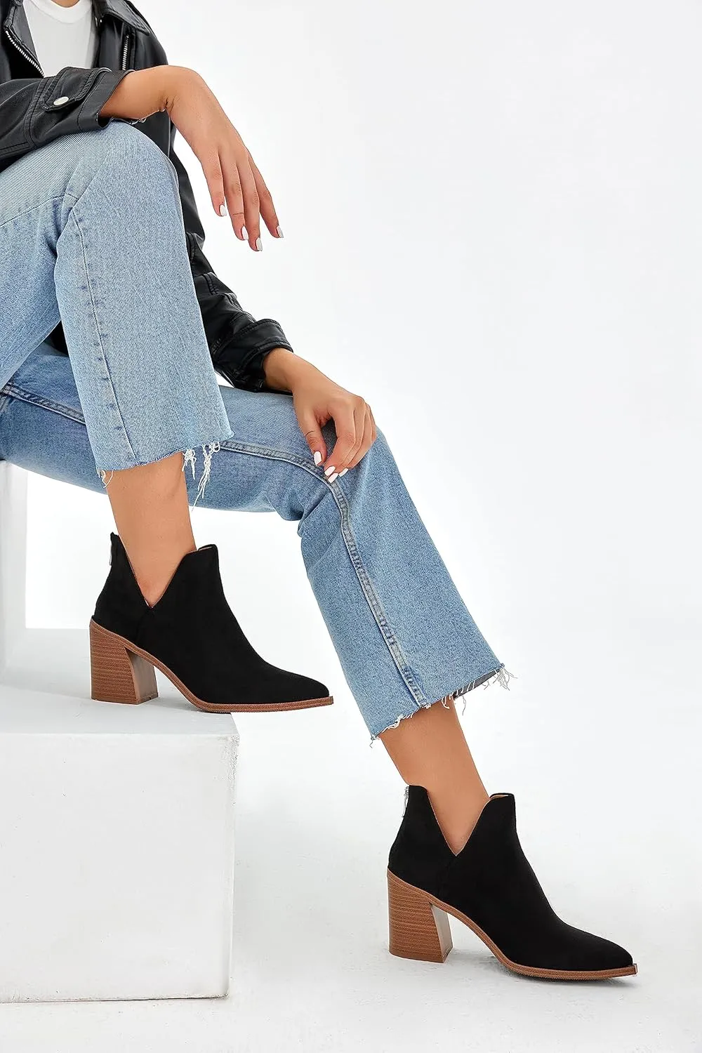 FISACE Womens Pointed Toe Stacked Mid Heel Ankle Boots V Cut Back Zipper Faux Leather Booties