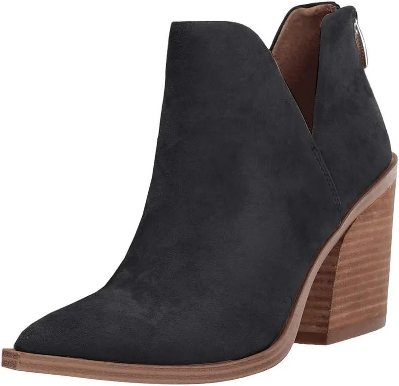 FISACE Womens Pointed Toe Stacked Mid Heel Ankle Boots V Cut Back Zipper Faux Leather Booties