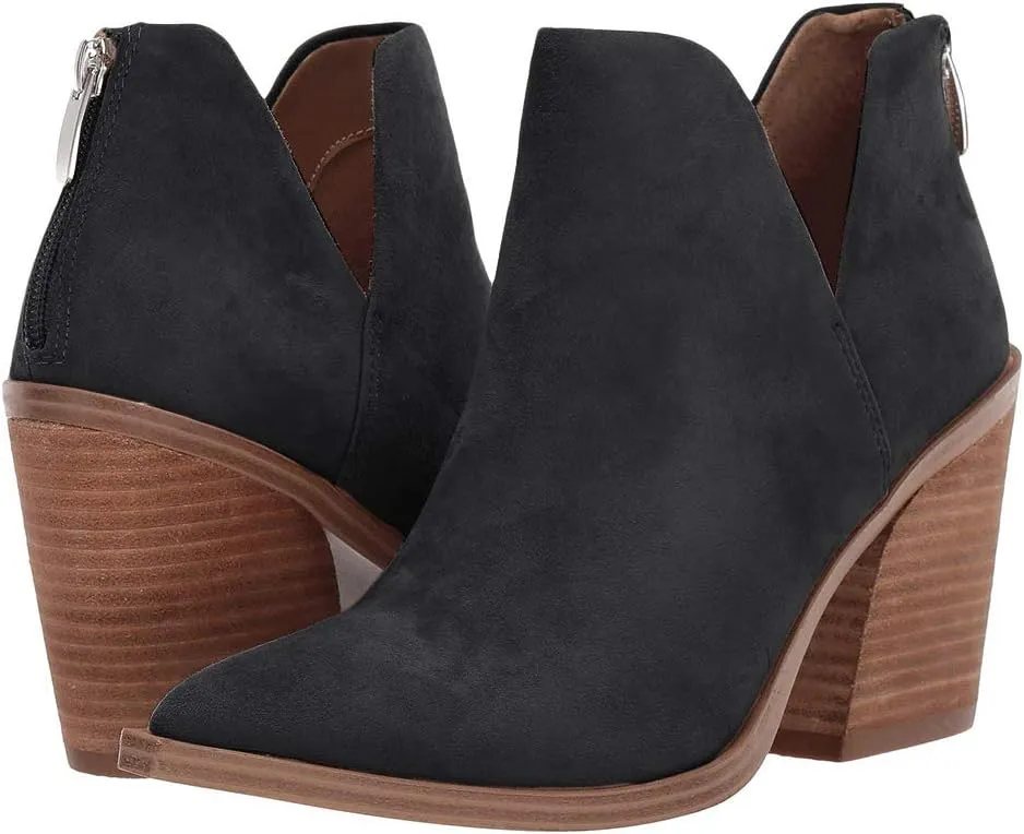 FISACE Womens Pointed Toe Stacked Mid Heel Ankle Boots V Cut Back Zipper Faux Leather Booties