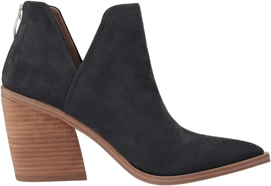 FISACE Womens Pointed Toe Stacked Mid Heel Ankle Boots V Cut Back Zipper Faux Leather Booties