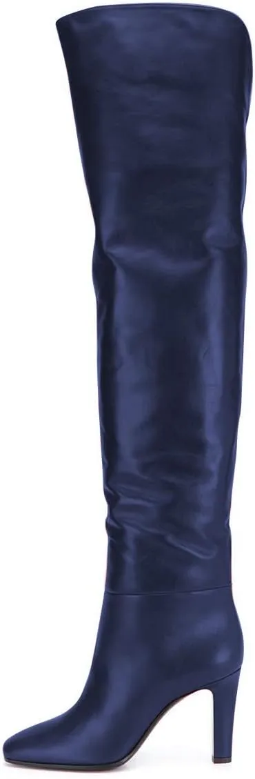 FSJ Women Trendy Stretchy Knee High Boots Pull On Square Closed Toe Long Booties High Heels Stacked Leather Ladies Dress Party Fall Winter Shoes Size 4-15 US