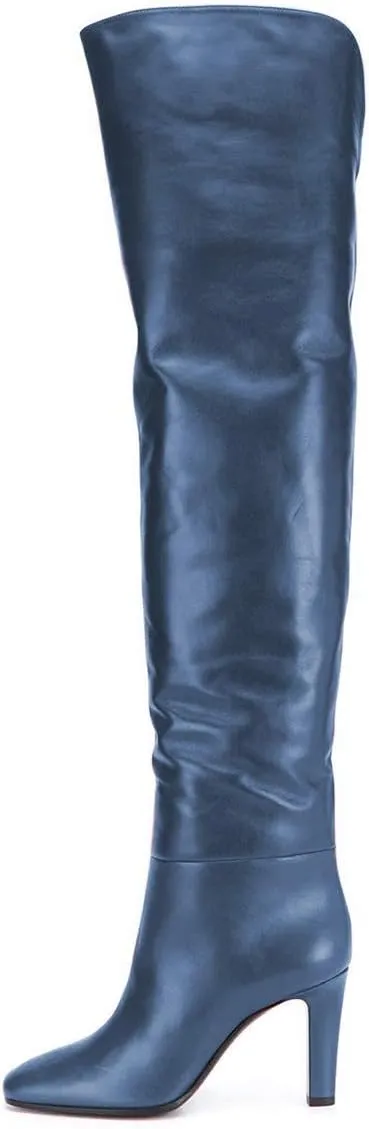 FSJ Women Trendy Stretchy Knee High Boots Pull On Square Closed Toe Long Booties High Heels Stacked Leather Ladies Dress Party Fall Winter Shoes Size 4-15 US