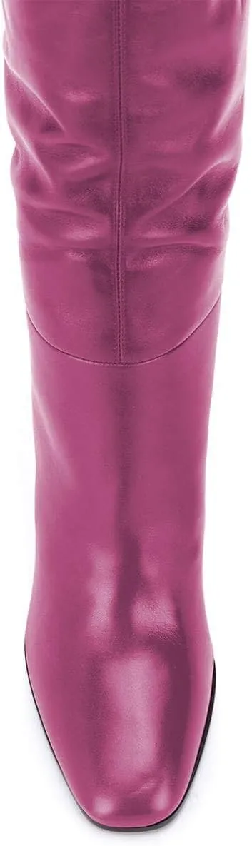 FSJ Women Trendy Stretchy Knee High Boots Pull On Square Closed Toe Long Booties High Heels Stacked Leather Ladies Dress Party Fall Winter Shoes Size 4-15 US