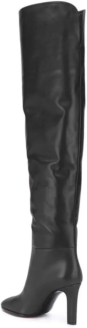 FSJ Women Trendy Stretchy Knee High Boots Pull On Square Closed Toe Long Booties High Heels Stacked Leather Ladies Dress Party Fall Winter Shoes Size 4-15 US