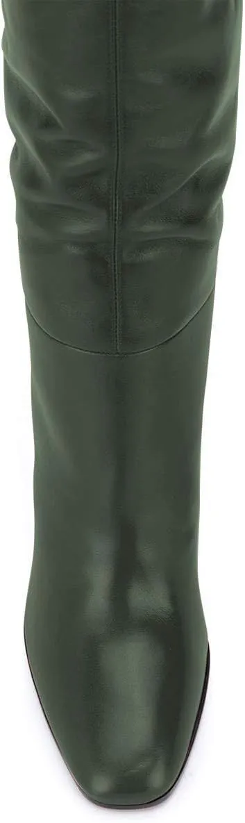 FSJ Women Trendy Stretchy Knee High Boots Pull On Square Closed Toe Long Booties High Heels Stacked Leather Ladies Dress Party Fall Winter Shoes Size 4-15 US