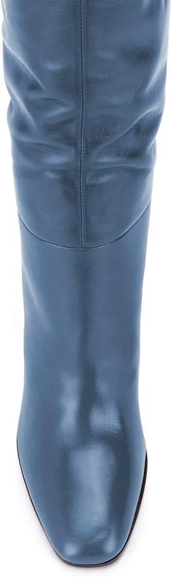 FSJ Women Trendy Stretchy Knee High Boots Pull On Square Closed Toe Long Booties High Heels Stacked Leather Ladies Dress Party Fall Winter Shoes Size 4-15 US
