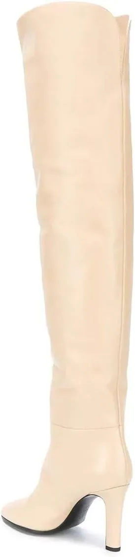 FSJ Women Trendy Stretchy Knee High Boots Pull On Square Closed Toe Long Booties High Heels Stacked Leather Ladies Dress Party Fall Winter Shoes Size 4-15 US