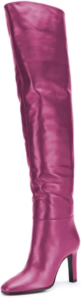 FSJ Women Trendy Stretchy Knee High Boots Pull On Square Closed Toe Long Booties High Heels Stacked Leather Ladies Dress Party Fall Winter Shoes Size 4-15 US
