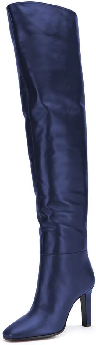FSJ Women Trendy Stretchy Knee High Boots Pull On Square Closed Toe Long Booties High Heels Stacked Leather Ladies Dress Party Fall Winter Shoes Size 4-15 US