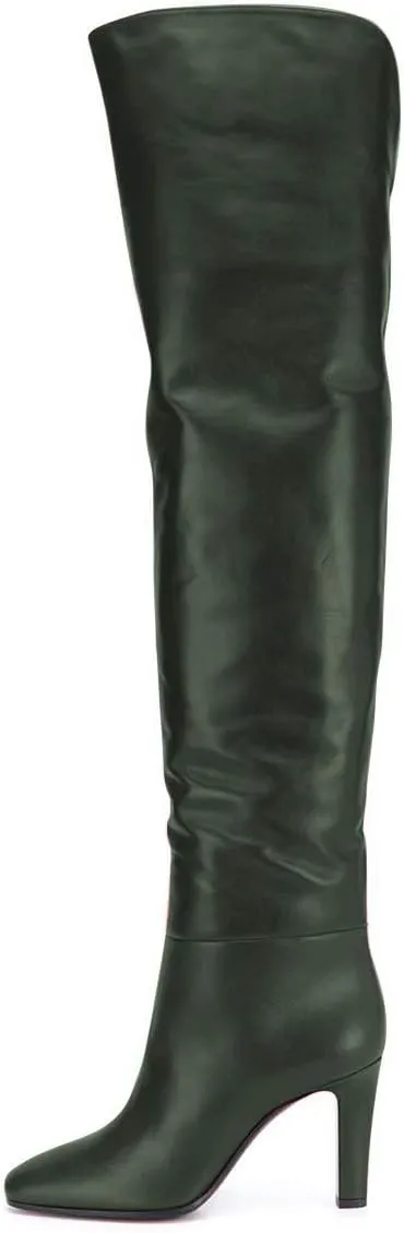FSJ Women Trendy Stretchy Knee High Boots Pull On Square Closed Toe Long Booties High Heels Stacked Leather Ladies Dress Party Fall Winter Shoes Size 4-15 US