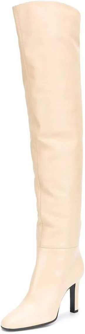 FSJ Women Trendy Stretchy Knee High Boots Pull On Square Closed Toe Long Booties High Heels Stacked Leather Ladies Dress Party Fall Winter Shoes Size 4-15 US