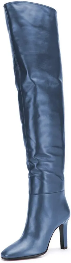 FSJ Women Trendy Stretchy Knee High Boots Pull On Square Closed Toe Long Booties High Heels Stacked Leather Ladies Dress Party Fall Winter Shoes Size 4-15 US