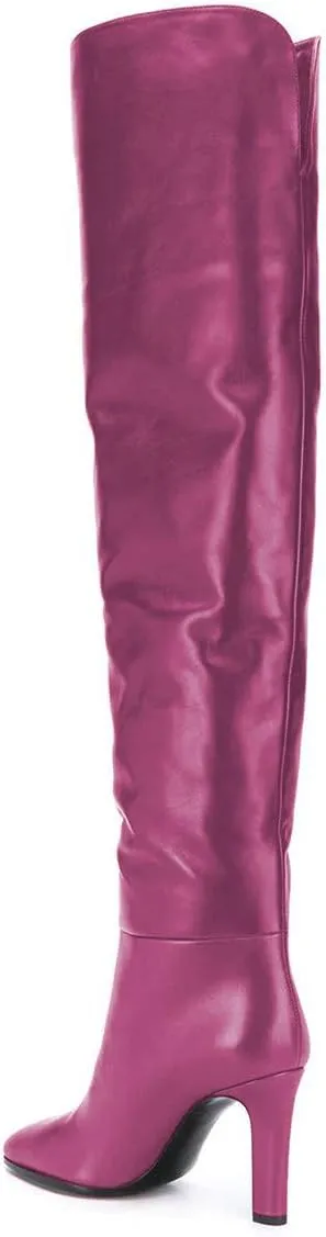 FSJ Women Trendy Stretchy Knee High Boots Pull On Square Closed Toe Long Booties High Heels Stacked Leather Ladies Dress Party Fall Winter Shoes Size 4-15 US