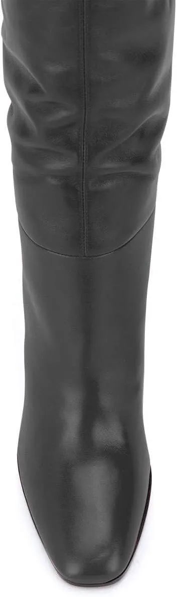 FSJ Women Trendy Stretchy Knee High Boots Pull On Square Closed Toe Long Booties High Heels Stacked Leather Ladies Dress Party Fall Winter Shoes Size 4-15 US