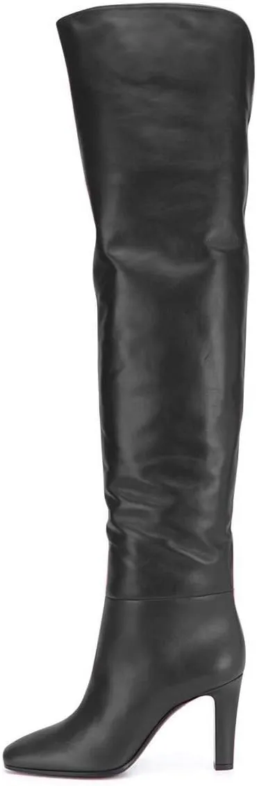 FSJ Women Trendy Stretchy Knee High Boots Pull On Square Closed Toe Long Booties High Heels Stacked Leather Ladies Dress Party Fall Winter Shoes Size 4-15 US
