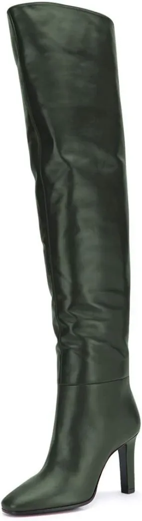 FSJ Women Trendy Stretchy Knee High Boots Pull On Square Closed Toe Long Booties High Heels Stacked Leather Ladies Dress Party Fall Winter Shoes Size 4-15 US