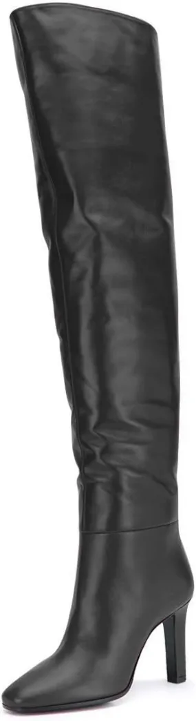 FSJ Women Trendy Stretchy Knee High Boots Pull On Square Closed Toe Long Booties High Heels Stacked Leather Ladies Dress Party Fall Winter Shoes Size 4-15 US