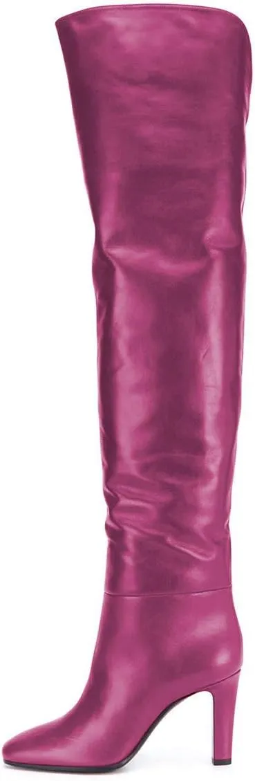 FSJ Women Trendy Stretchy Knee High Boots Pull On Square Closed Toe Long Booties High Heels Stacked Leather Ladies Dress Party Fall Winter Shoes Size 4-15 US