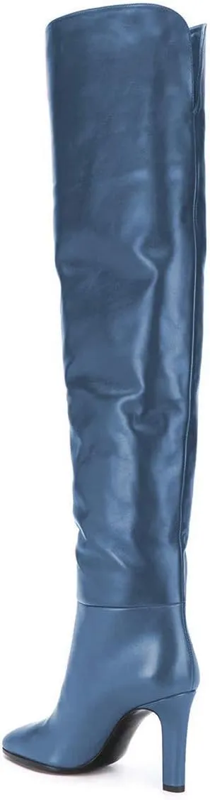 FSJ Women Trendy Stretchy Knee High Boots Pull On Square Closed Toe Long Booties High Heels Stacked Leather Ladies Dress Party Fall Winter Shoes Size 4-15 US