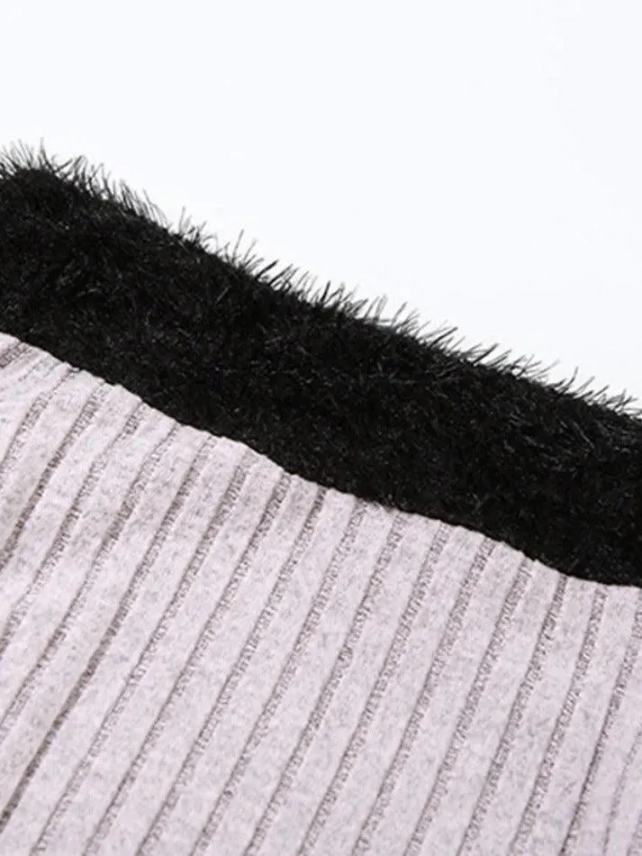 Fuzzy Trim Off Shoulder Cropped Long Sleeve Knit
