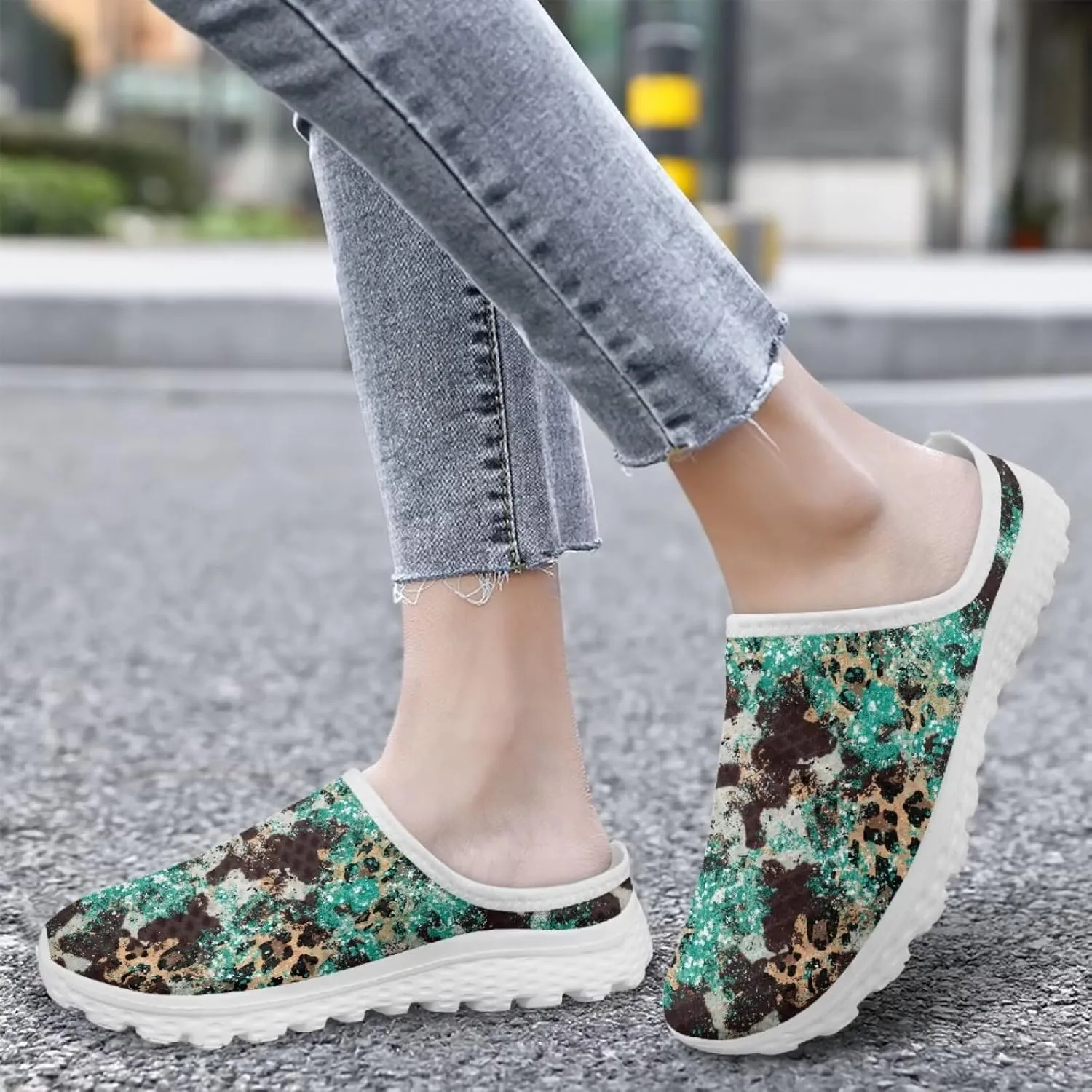 Howilath Animal Print Mule Shoes for Women Garden Clogs Leopard Print Slip on Walking Shoes Mule Sneakers Breathable Loafers