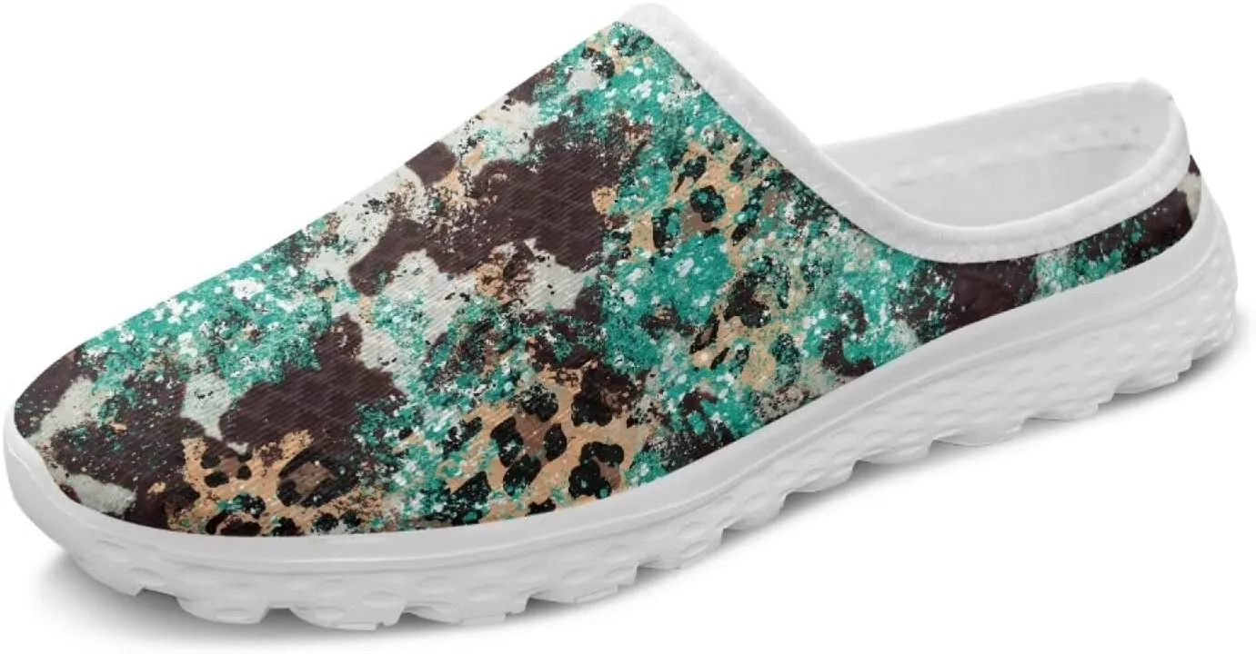 Howilath Animal Print Mule Shoes for Women Garden Clogs Leopard Print Slip on Walking Shoes Mule Sneakers Breathable Loafers