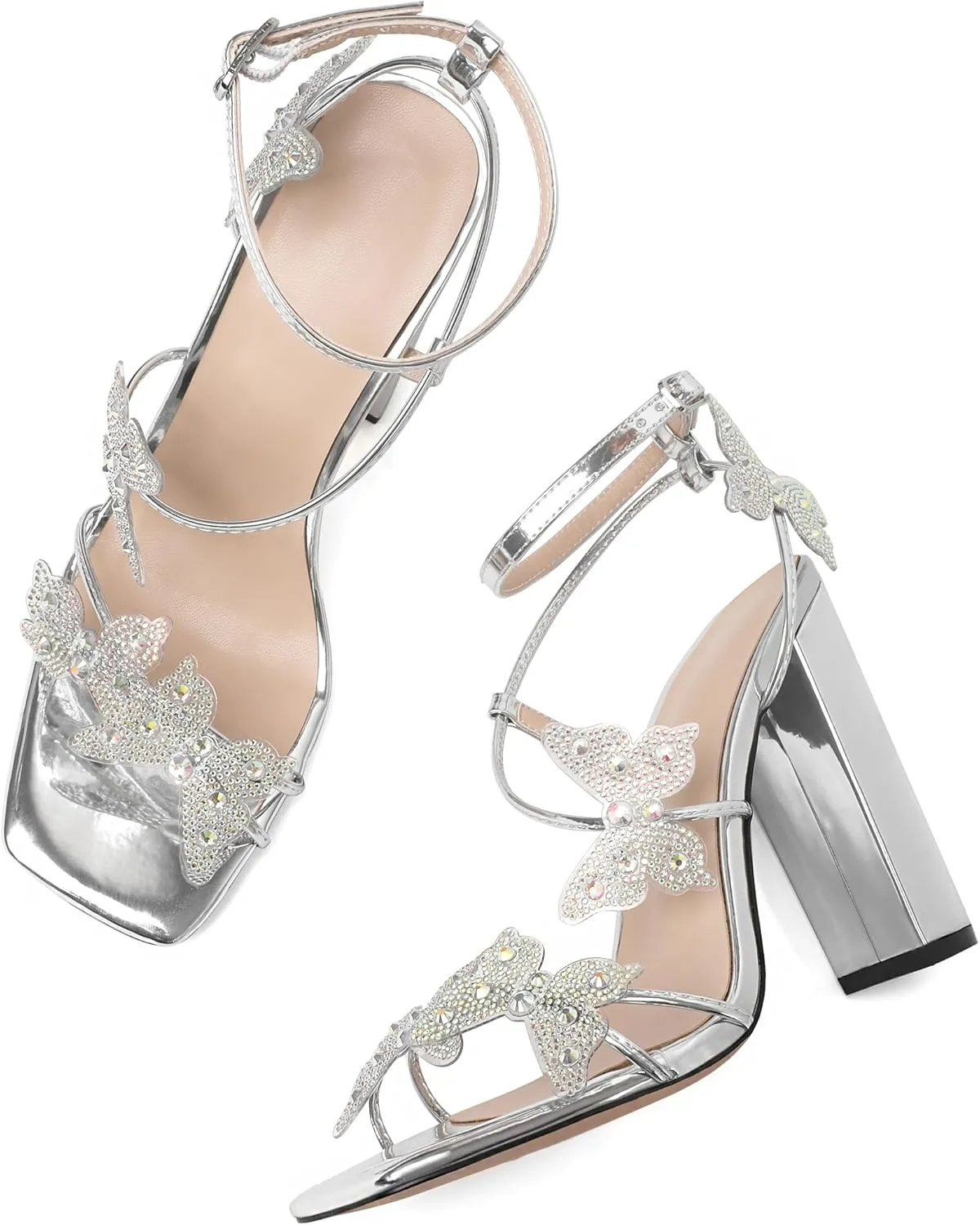 Joseywade Butterfly Heels Sandals Rhinestone Crystal Butterflies Heels Open Square Toe Chunky Block High Heeled 4 Inch Women's Ankle Strap Shoes