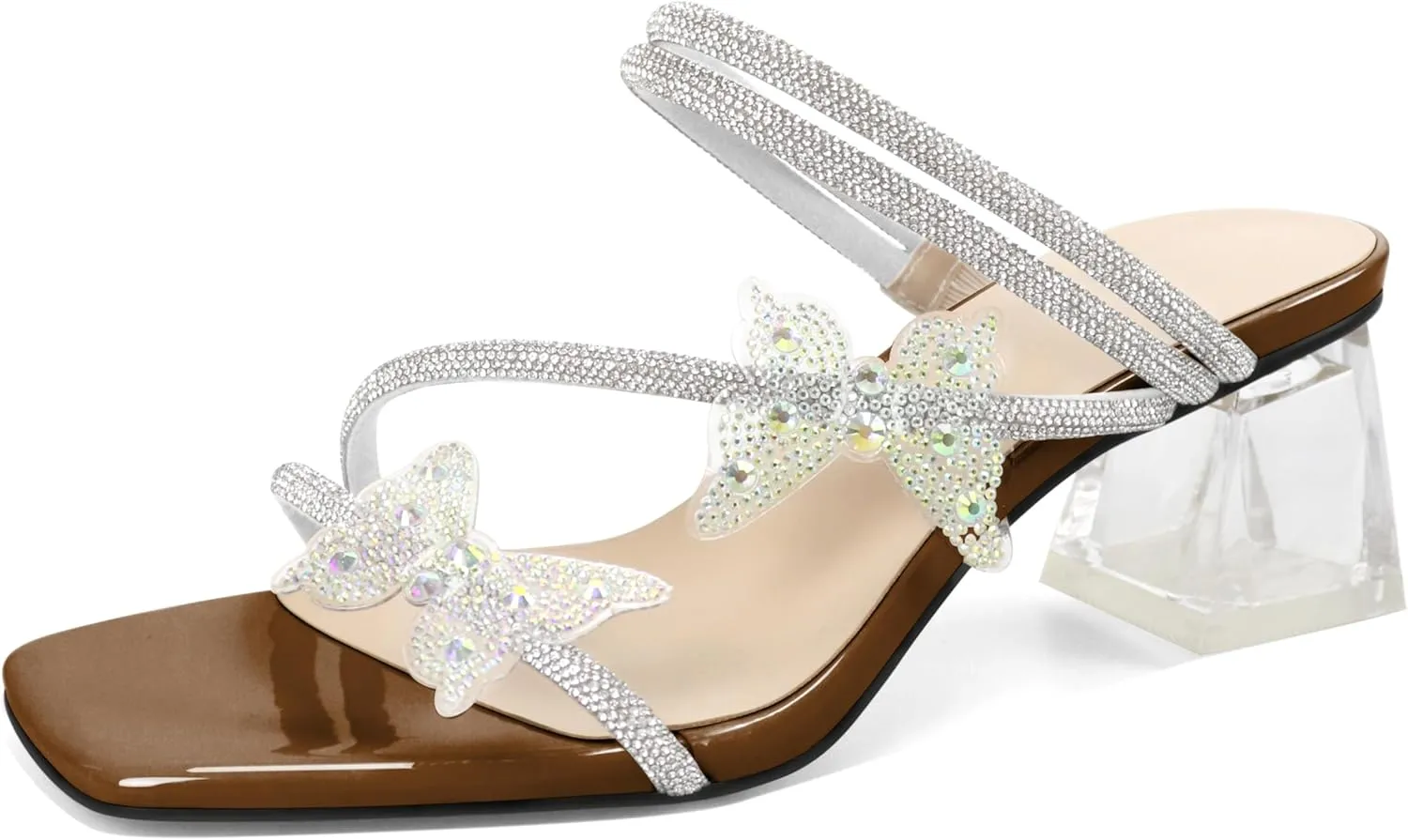 Joseywade Heeled Sandals Rhinestone Butterfly Heels Mules Square Open Toe Clear Low Block Chunky Heels 2 Inch Ankle Strap Shoes