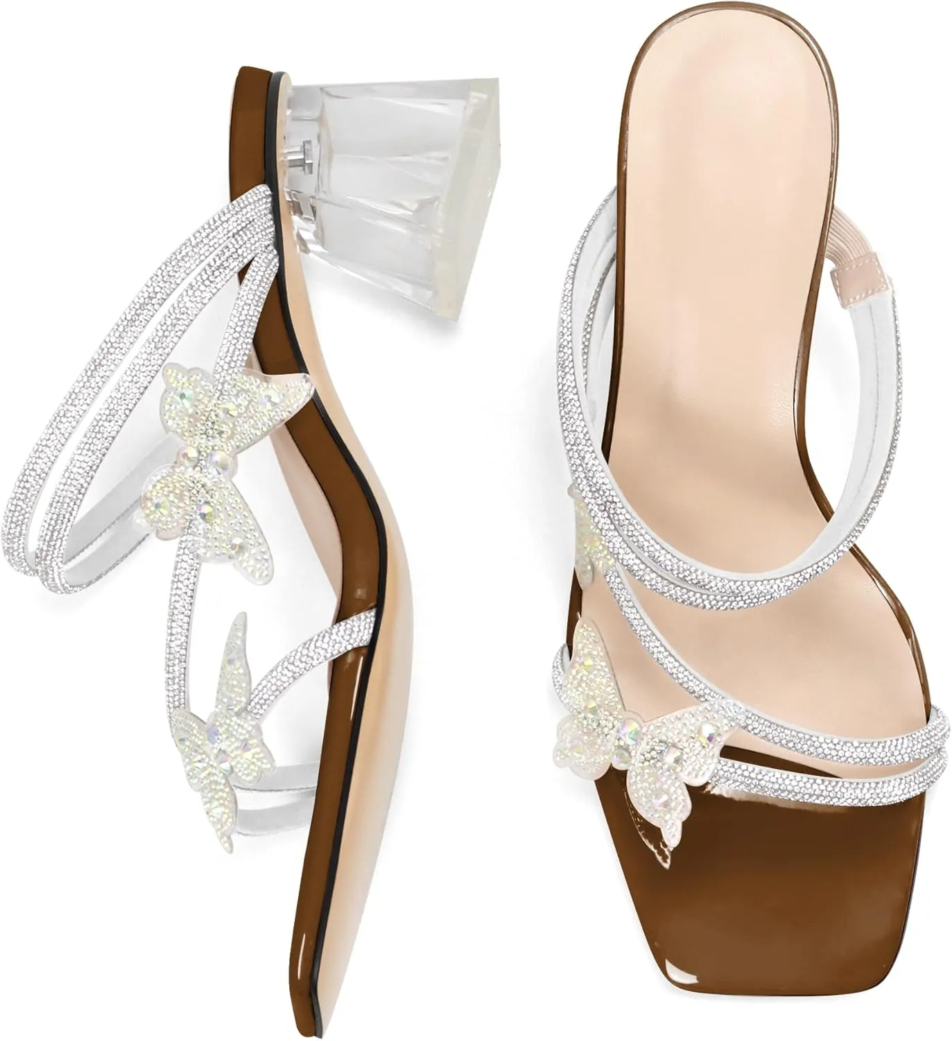 Joseywade Heeled Sandals Rhinestone Butterfly Heels Mules Square Open Toe Clear Low Block Chunky Heels 2 Inch Ankle Strap Shoes