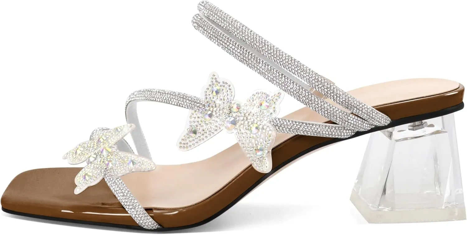 Joseywade Heeled Sandals Rhinestone Butterfly Heels Mules Square Open Toe Clear Low Block Chunky Heels 2 Inch Ankle Strap Shoes