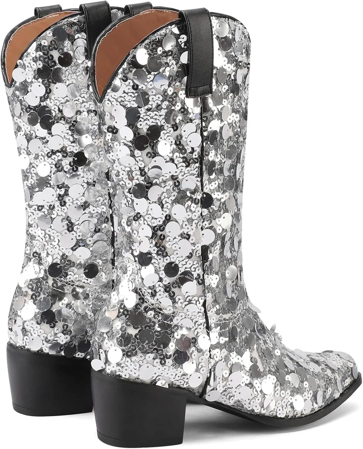 KIKIVIVI Women's Glitter Sequin Mid Calf Boots: Snip Toe, Chunky Block Heel, Sparkly Cowboy Cowgirl Boots for Women - Black