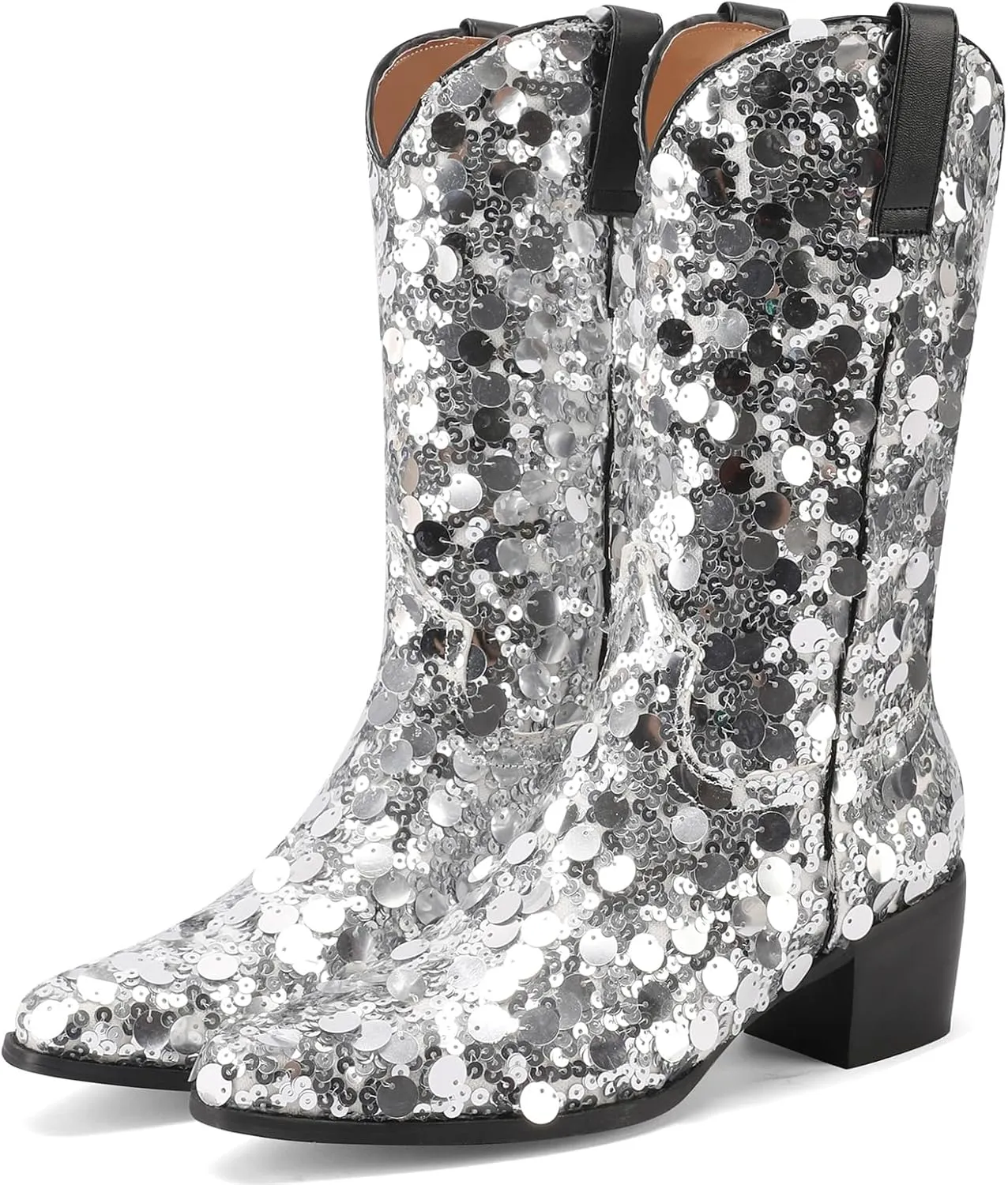 KIKIVIVI Women's Glitter Sequin Mid Calf Boots: Snip Toe, Chunky Block Heel, Sparkly Cowboy Cowgirl Boots for Women - Black