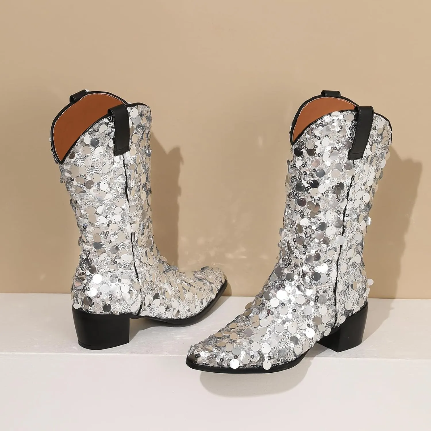 KIKIVIVI Women's Glitter Sequin Mid Calf Boots: Snip Toe, Chunky Block Heel, Sparkly Cowboy Cowgirl Boots for Women - Black