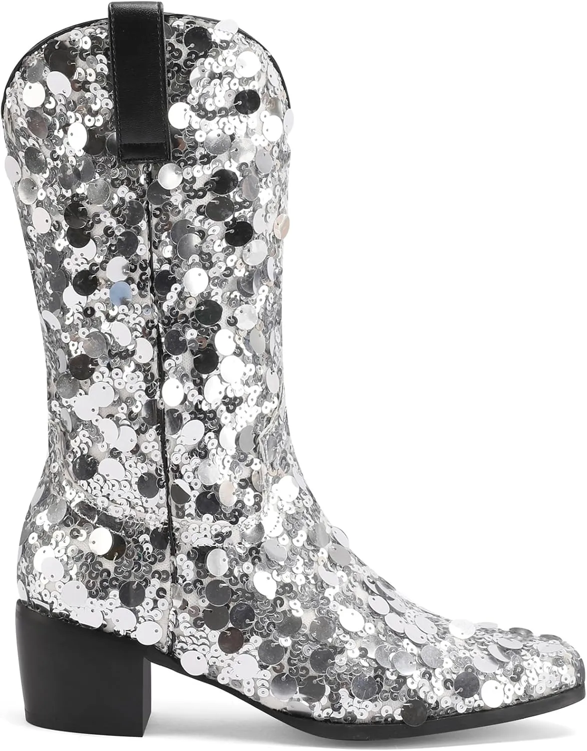 KIKIVIVI Women's Glitter Sequin Mid Calf Boots: Snip Toe, Chunky Block Heel, Sparkly Cowboy Cowgirl Boots for Women - Black