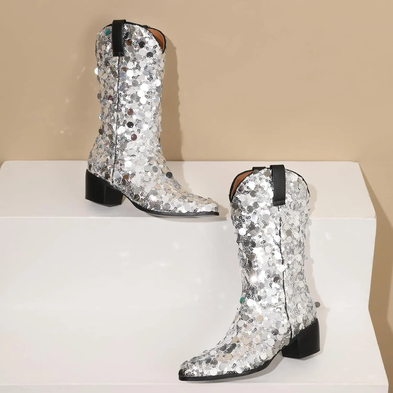 KIKIVIVI Women's Glitter Sequin Mid Calf Boots: Snip Toe, Chunky Block Heel, Sparkly Cowboy Cowgirl Boots for Women - Black