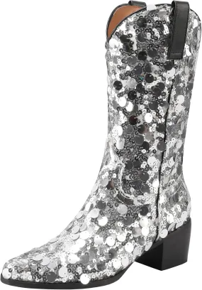 KIKIVIVI Women's Glitter Sequin Mid Calf Boots: Snip Toe, Chunky Block Heel, Sparkly Cowboy Cowgirl Boots for Women - Black
