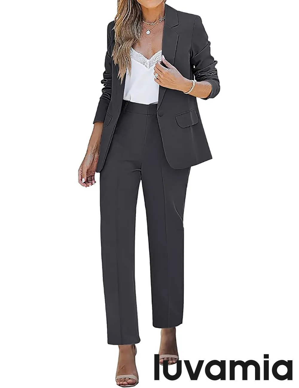 LUVAMIA Women's Blazer Set Business Casual Full Fit Blazer Jackets and Straight Pant Suits with Pockets
