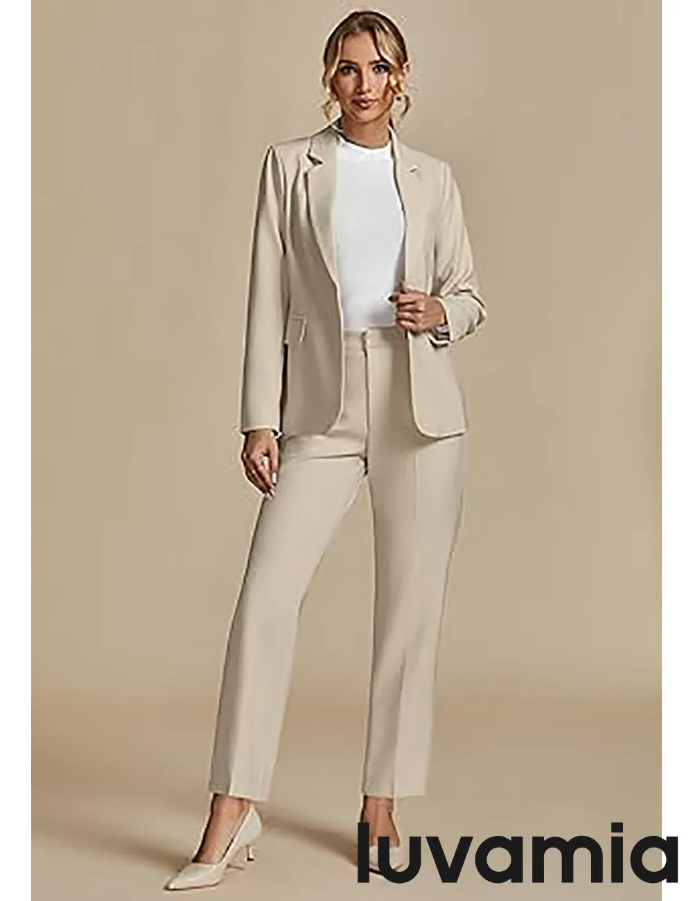 LUVAMIA Women's Blazer Set Business Casual Full Fit Blazer Jackets and Straight Pant Suits with Pockets