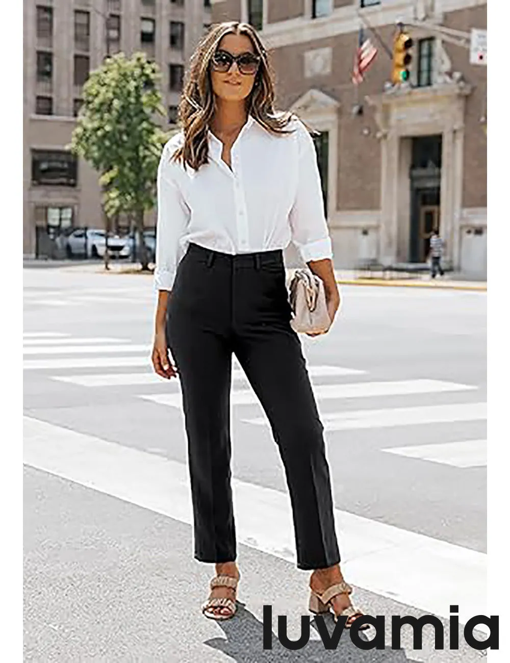 LUVAMIA Women's Blazer Set Business Casual Full Fit Blazer Jackets and Straight Pant Suits with Pockets