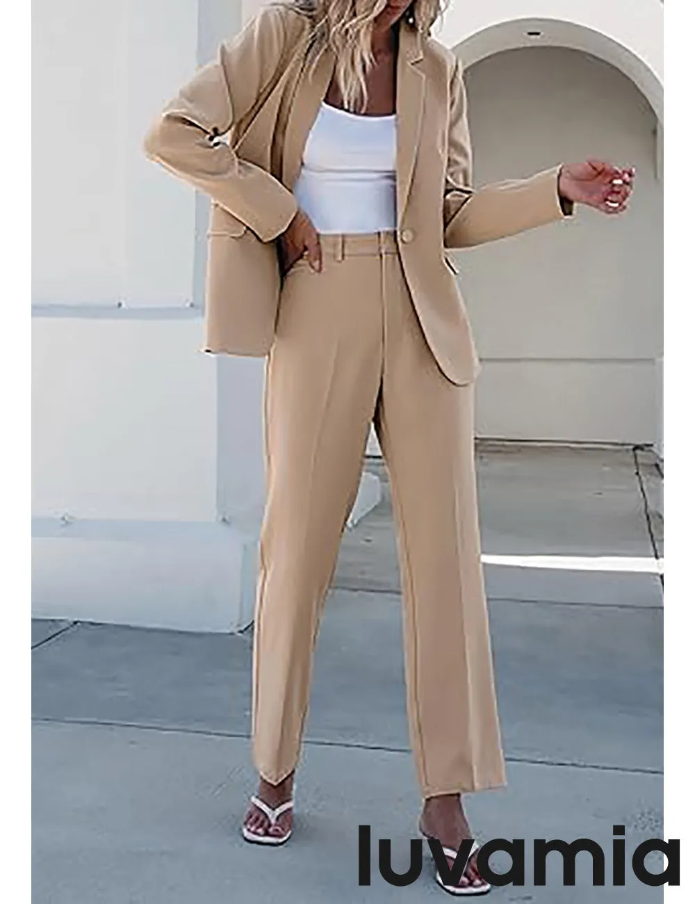 LUVAMIA Women's Blazer Set Business Casual Full Fit Blazer Jackets and Straight Pant Suits with Pockets