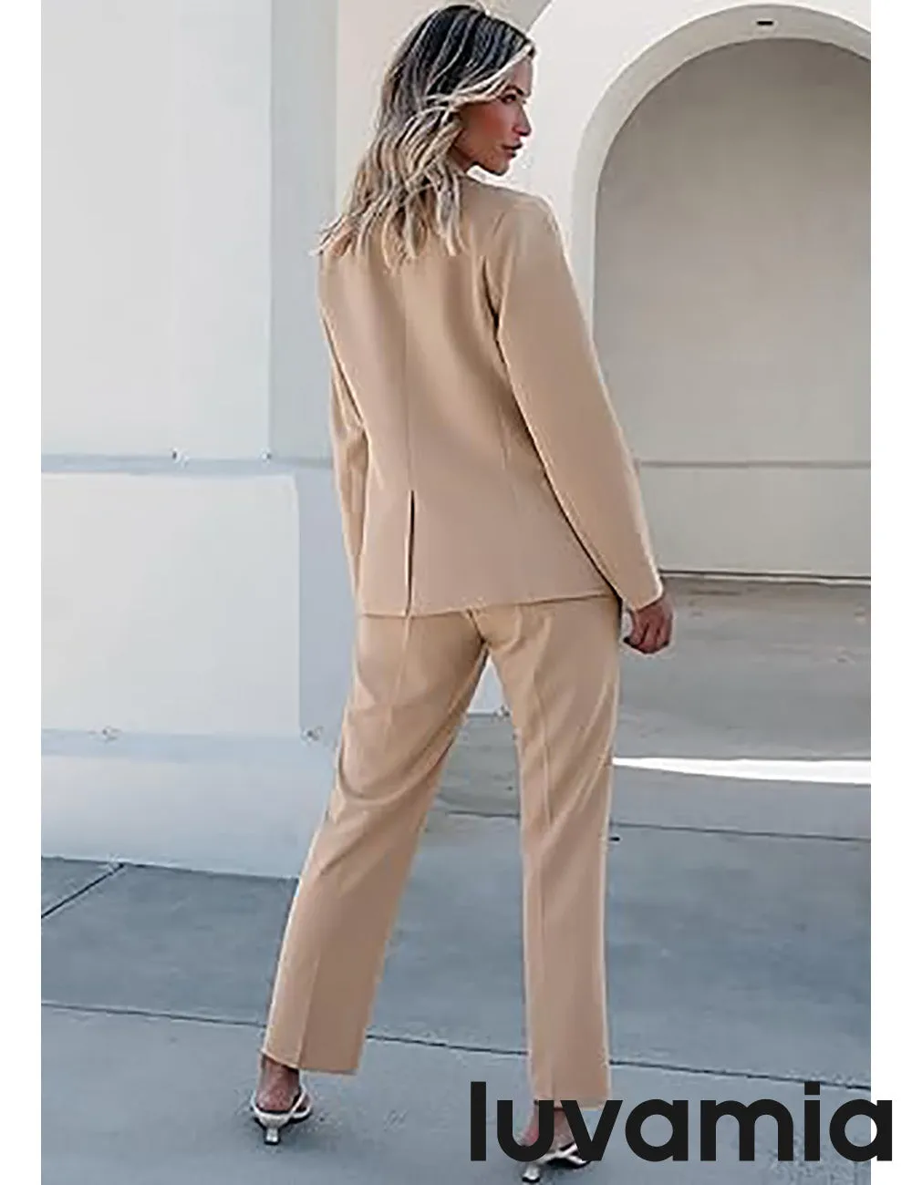 LUVAMIA Women's Blazer Set Business Casual Full Fit Blazer Jackets and Straight Pant Suits with Pockets